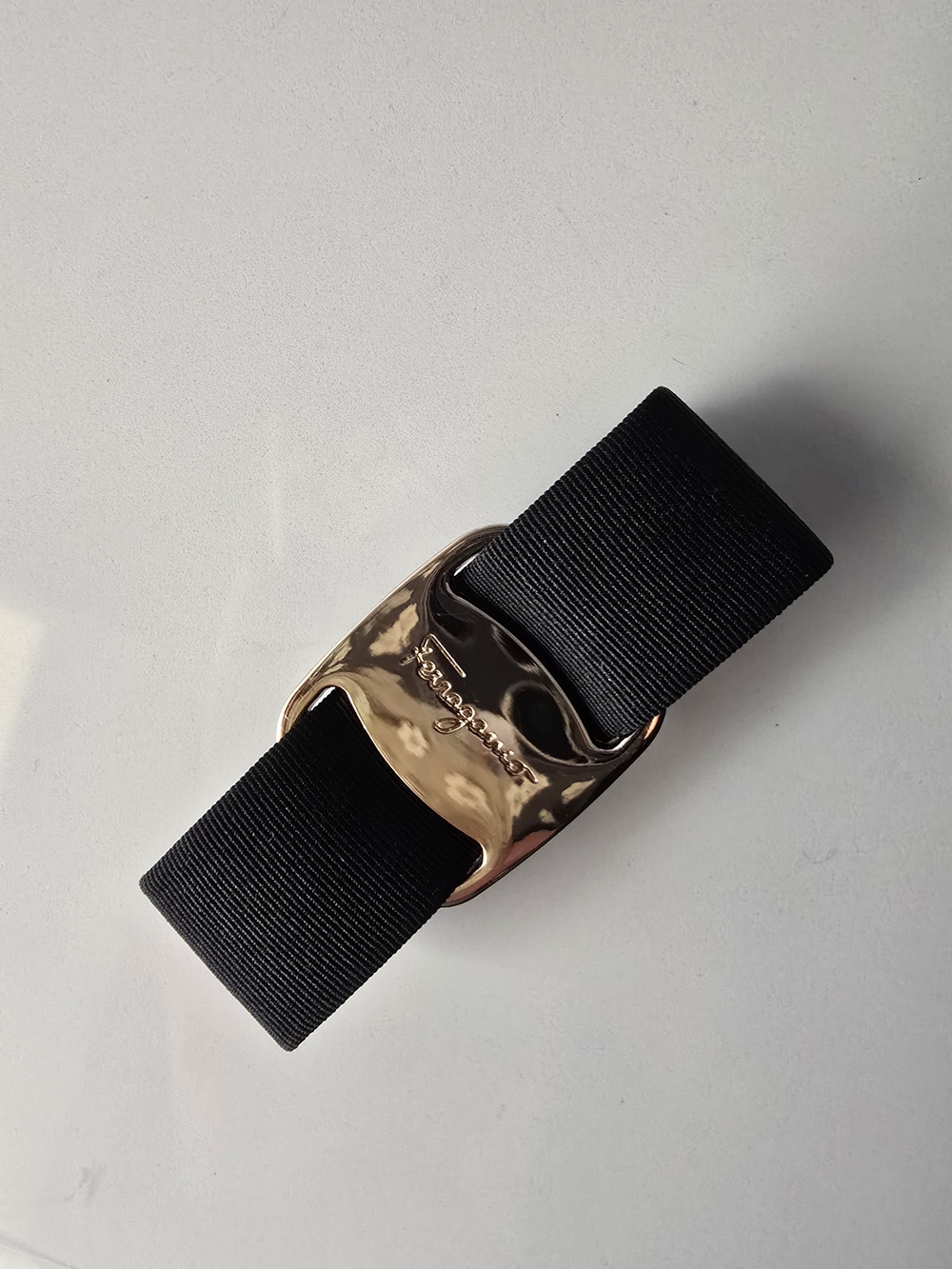 Salvatore Ferragamo Black Elastic Belt with Gold Logo Buckle